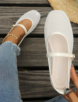 Zapatos planos estilo ballet Mary Jane para mujer, sandalias planas casuales de verano, material PU, punta redonda, vamp bajo, color blanco, transpira - Shein - FashionsVida