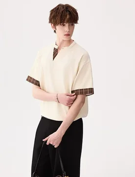 Men Retro Plaid Patchwork Contrast Short Sleeve T Shirt Loose Split Collar Half Sleeve Tee Niche Streetwear Casual Summer Top - Aliexpress - FashionsVida
