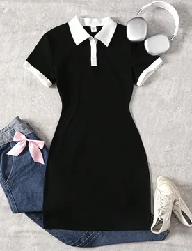 Vestido casual ajustado para adolescentes, minimalista y cómodo, con cuello de contraste y parches de color 14Y - Shein - FashionsVida