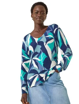 Womens Abstract V-Neck Knit Jumper - Blue - Size 12 Uk - Roman - FashionsVida