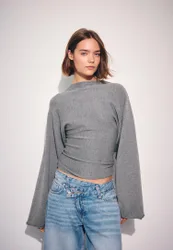 Strickpullover mit Kimonoärmeln und geknöpftem Stehkragen Graumeliert XS