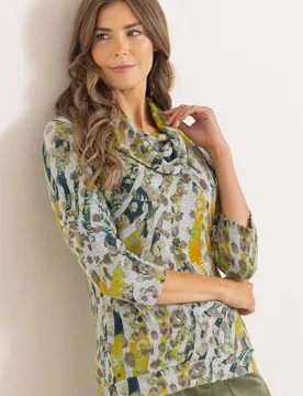 Women's Printed Cowl Neck Knitted Top in Beige Size: Large - Beige - Size: L - Klass. - FashionsVida