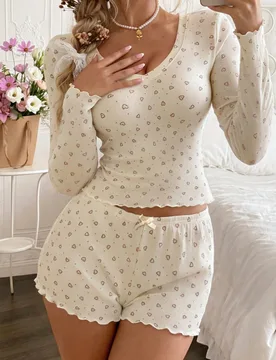 Conjunto de pijama de punto acanalado estético para mujer, top con estampado de corazones con volantes + shorts con lazo, ropa de estar en casa elás - Shein - FashionsVida