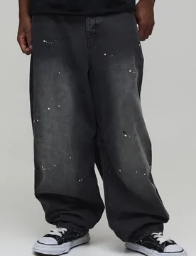 Womens Tall Spray Washed Paint Splatter Balloon Jeans - Charcoal Cotton - Size 38 Uk - boohooMAN - FashionsVida