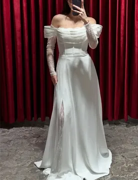 Elegant White Evening Formal Dress Off the Shoulder Long Sleeves Lace Chiffon Silt Prom Pageant Party Gowns Robe De Soiree - Aliexpress - FashionsVida