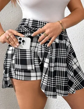 Pantalones cortos y falda pantalón de tela a cuadros negros y blancos con bolsillos, de estilo elegante, casual y deportivo, adecuado para mujeres de - Shein - FashionsVida