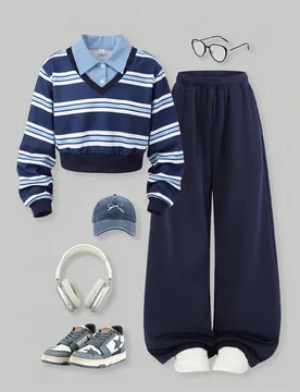 Conjunto de camiseta para niñas preadolescentes, a rayas azul marino, top de manga corta + pantalones largos, conjunto de 2 piezas, corte holgado, us - Shein - FashionsVida