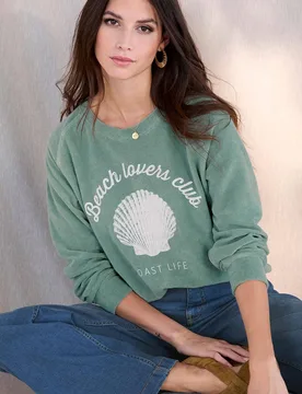 Women's Long Sleeve Slogan Towelling Sweatshirt in Duck Egg Blue Size: 12 - Duck Egg Blue - Size: 12 - Sea Glass - FashionsVida
