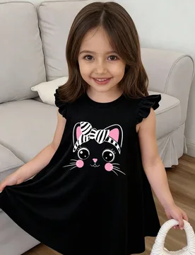Pieza Vestido sin mangas con estampado de gato lindo para niñas, patrón de dibujos animados con mangas con volantes, tela suave y cómoda, adecuado - Shein - FashionsVida