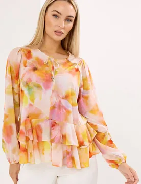 Women's Abstract Frill Hem Blouse in Peach Size: 22 - Peach - Size: 22 - Star by Julien Macdonald - FashionsVida