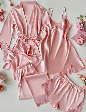 Set de 5 piezas de pijama de mujer con top de camiseta bordada, shorts, pantalones, camisón y bata con cinturón, de seda sintética, para otoño e i - Shein - FashionsVida