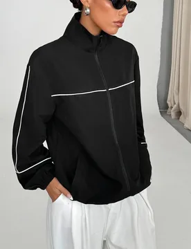 Chaqueta deportiva blanca con cremallera y decoración de ribete a rayas XS - Shein - FashionsVida