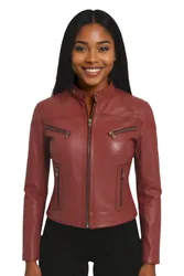 Womens Burgundy Casual Slim-Fit Biker Jacket-Tulsa Lamb Leather - Size 18 Uk