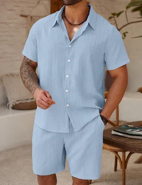 Conjunto de Camisa de Manga Corta de Un Solo Botón y Pantalones Cortos para Hombres de Talla Grande, Vacaciones 1XL - Shein - FashionsVida