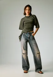 Asymmetrisches T-Shirt mit kurzen Ärmeln Khaki L