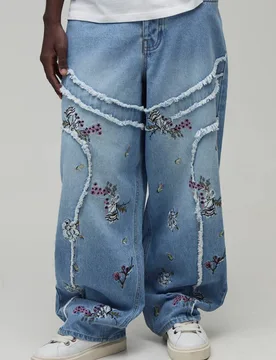 Herren Geblümte Patchwork Super Weite Jeans Hosen Light Blue Größe 30R - boohooMAN - FashionsVida