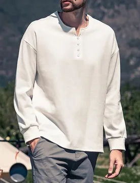 Spring and Autumn Men's Simple Long Sleeve T-Shirt Loose Solid Color Versatile Henry Collar Bottom Top - Aliexpress - FashionsVida