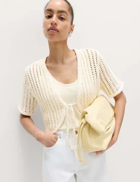 Open Stitch V-Neck Tie Fastening Cardigan Vanilla female - M&S - FashionsVida