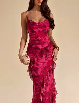 Vestido de malla con tirantes finos, volantes y estampado digital para mujer de talla grande 0XL - Shein - FashionsVida
