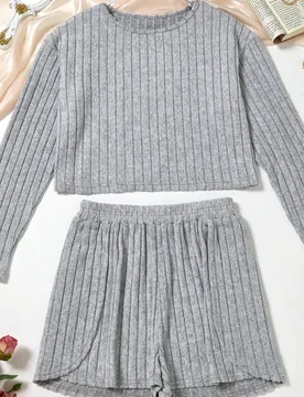 Piezas Conjunto de pijama de mujer con mangas largas semi-huecas y cómodas + shorts con abertura lateral XXS - Shein - FashionsVida