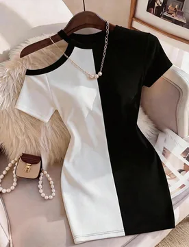 Vestido mini ajustado de verano para mujer con escote asimétrico, hombros descubiertos y manga corta, color de contraste blanco y negro, vestido de v - Shein - FashionsVida