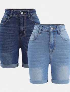 Set de 2 piezas de pantalones cortos vaqueros de tiro alto y lavado ligero y sólido con dobladillo enrollado y elástico para niña preadolescente, c - Shein - FashionsVida