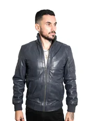 Mens Varsity Bomber Jacket-Adana - Navy Nappa Leather - Size 2xl