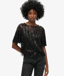 Superdry Damen Transparentes Kurzarm-oberteil mit Pailletten Schwarz - Größe: 44