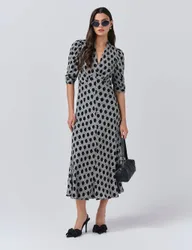 Crepe Floral V-Neck Midi Tea Dress Black Mix female