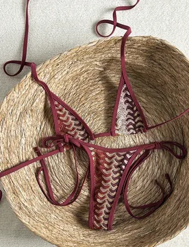 Conjunto de bikini de 2 piezas con textura y escote halter, traje de baño sexy para vacaciones en la playa, parte superior de bikini con aros, conjun - Shein - FashionsVida