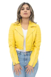 Womens Cropped Brando Biker Jacket-Damascus - Yellow - Size 12 Uk