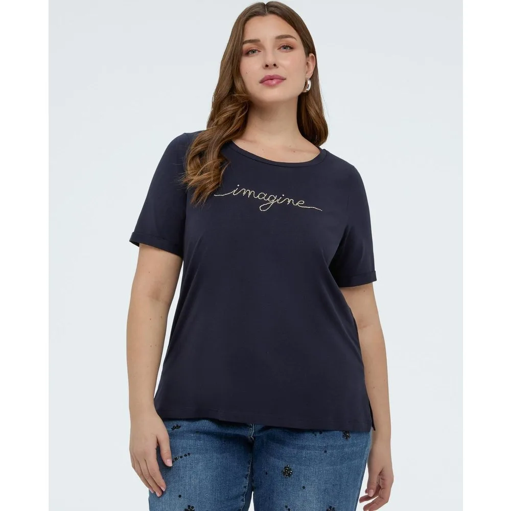 Camiseta de mujer de algodón con letras de cristal bordado - Fiorella Rubino - FashionsVida