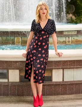 Women's Polka Dot Floral Lace Trim Midi Dress in Black Size: 8 - Black - Size: 8 - Joe browns - FashionsVida