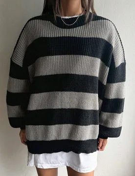 Suéter holgado casual de mujer con rayas anchas de color contrastante, ropa de otoño M - Shein - FashionsVida