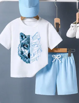 Conjunto de camiseta de manga corta con cuello redondo y estampado de lobo, y pantalones cortos, conjunto de ropa casual diaria para niño preadolesce - Shein - FashionsVida