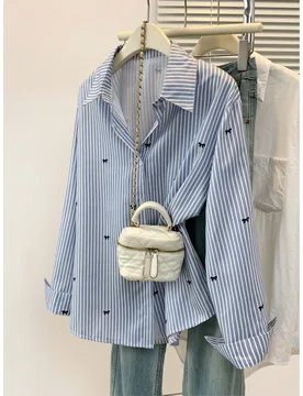 Camisa de mujer de manga larga con estampado de rayas y lazo, con botones delanteros, cuello de camisa, top casual, apta para primavera, otoño e invi - Shein - FashionsVida