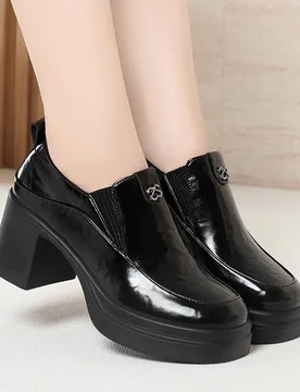 High-Heeled Leather Shoes Spring Single Shoes Thick Heel Thick Sole Slip-On Women's Shoes Square Toe Middle-Aged Mother's Shoes - Aliexpress - FashionsVida
