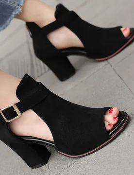 Botas de tacón grueso con abertura y punta abierta para mujer, otoño/invierno 2025, elegantes botas de sandalia de ante sintético negro sólido CN4 - Shein - FashionsVida