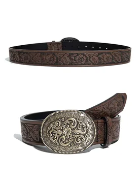 Pieza Cinturón decorativo de mujer estilo occidental americano vintage con hebilla ovalada grabada, patrón floral marrón, accesorio de cintura vers - Shein - FashionsVida
