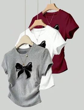 Camiseta de manga corta con cuello redondo y estampado de lazo para mujer, moda para verano y escuela, gris oscuro, blanco y negro con lunares, burdeo - Shein - FashionsVida