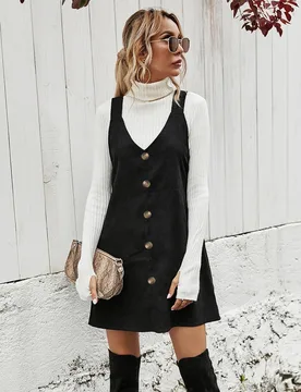 Vestido overol unicolor con botón delantero de pana XL - Shein - FashionsVida
