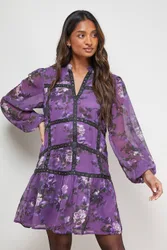 Women's Printed Embellished Trim Detail Chiffon Mini Dress in Floral Size: 14 - Floral - Size: 14