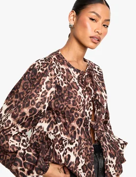 Womens Dark Leopard Tie Front Puff Long Sleeve Smock Top - Size 8 Uk - Boohoo - FashionsVida