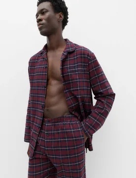 Pure Cotton Brushed Checked Pyjama Set Burgundy Mix male - M&S - FashionsVida