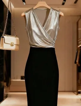 Vestido midi de verano de terciopelo con bloques de color para mujer, cintura ceñida, bajo con volantes y abertura, elegante vestido negro y plateado - Shein - FashionsVida