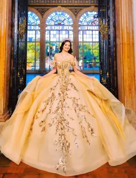 Champagne Quinceanera Dress off-shoulder Golden Glitter Decal Lace Layering Long tail Bow vestidos de 15 Quinceanera ﻿Customize - Aliexpress - FashionsVida