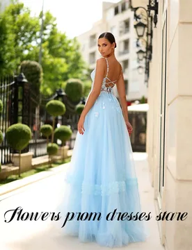 Flowers Light Blue Evening Gown Spaghetti Strap Prom Dress with 3D Floral Tulle Wedding Evening Dress robes de soirée Customized - Aliexpress - FashionsVida