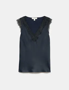 Satin V Neck Lace Insert Tie Detail Cami Top Navy Mix female - M&S - FashionsVida