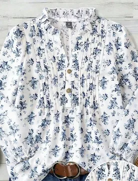 Blusa de mujer talla grande con diseño floral de tela, cuello alto con volantes, escote en V, manga larga tradicional, diseño azul y blanco, para va - Shein - FashionsVida
