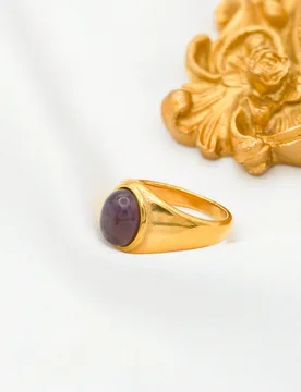 Pieza Anillo de acero inoxidable chapado en oro de 18K con ágata, regalo de moda para fiestas 7 - Shein - FashionsVida